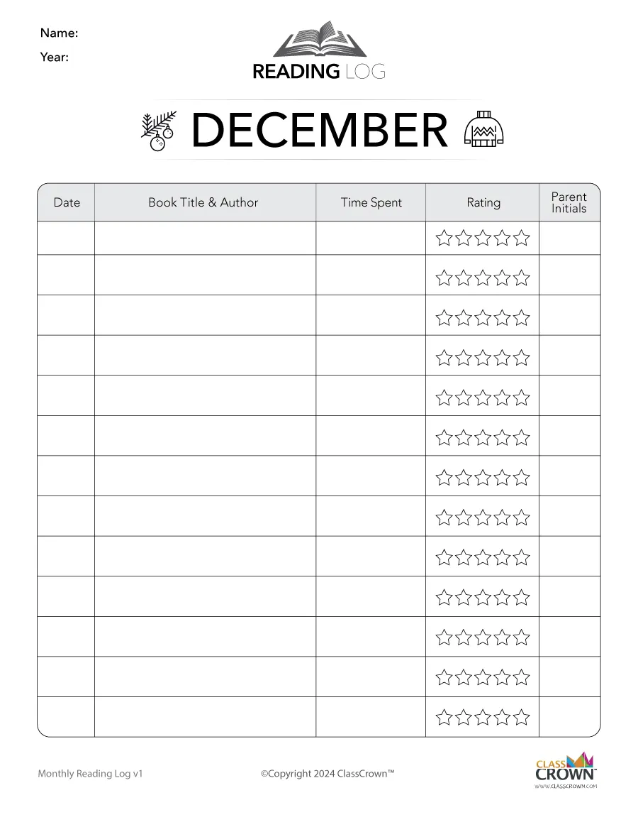reading log: december - free reading charts | classcrown
